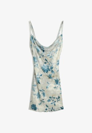 Bloemen slipdress van een lichte stof met een mengsel van groene en blauwe bloemenpatronen op een crèmekleurige achtergrond. Dunne verstelbare bandjes.