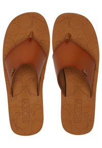 Brown faux leather flip-flops with a textured insole featuring a floral pattern, outlined by a dark brown strap and Roxy logo.