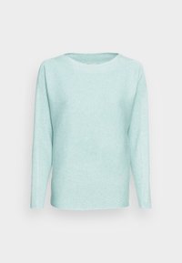 Hellgrüner, gerippter Pullover mit weitem Rundhalsausschnitt und langen Ärmeln. Hergestellt aus einem weichen, strukturierten Strickmaterial.