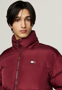 Jachetă puffer maron cu guler înalt, închidere cu fermoar și patch cu logo. Are o textură netedă și lucioasă și un design modern, aerodinamic.