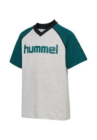 Gray T-shirt with teal raglan sleeves, black V-neck collar, large green "hummel" logo on the front, made from soft cotton blend material.