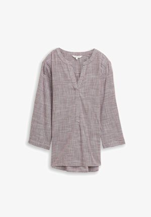 Cămașă ușoară, în carouri de nuanțe roșii și albe, cu decolteu în V, mâneci trei sferturi și hem ușor curbat.