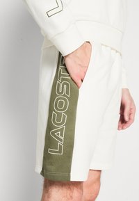 Baltas šorti ar zaļiem sānu paneļiem, uz kuriem ir balts "LACOSTE" logo. Izgatavoti no mīkstas auduma, piedāvā atvieglinātu piegriezumu un kabatas.