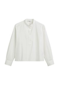 Witte blouse met lange mouwen, een ronde halslijn en een knoopsluiting. Gemaakt van lichtgewicht stof, met een ontspannen pasvorm en omgeslagen mouwen.