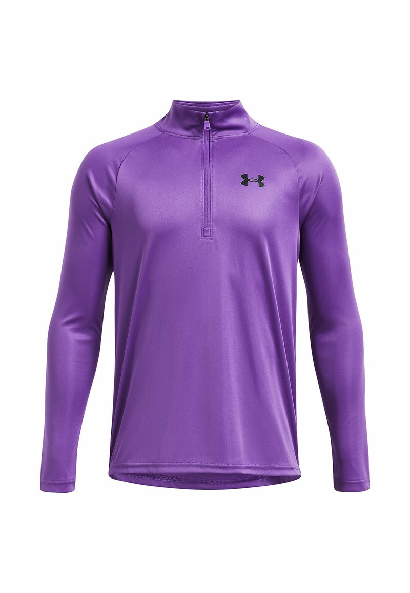 Lila sportliche Langarmshirt mit halbem Reißverschluss und schwarzem Logo auf der Brust. Glatter, leichter Stoff mit einer taillierten Silhouette.