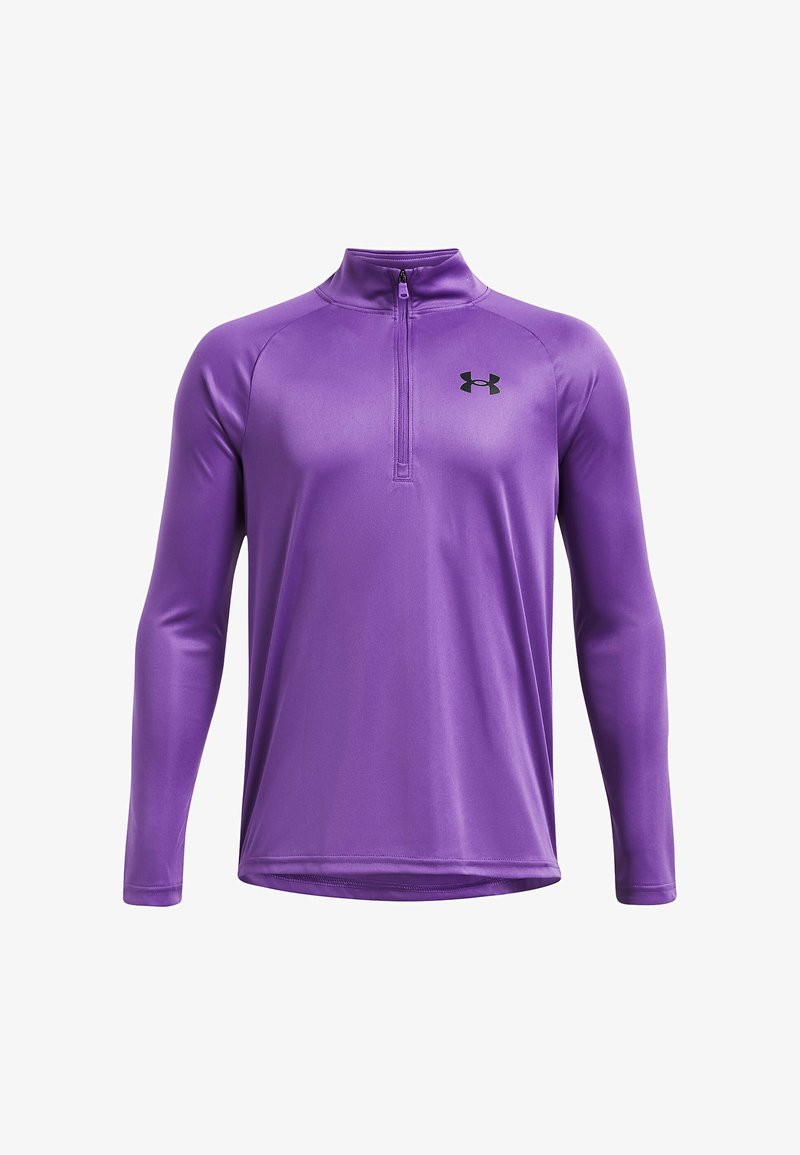 Camisa de deporte de manga larga color púrpura con cuello de media cremallera y logo negro en el pecho. Tejido suave y ligero con una silueta ajustada.