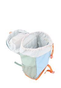Multi-colored drawstring backpack with a soft texture, featuring light blue, green, and orange sections, and a mesh side pocket.