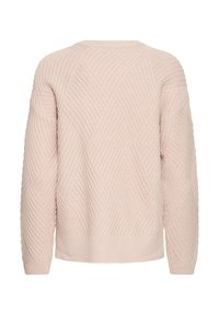 Ljust rosa tröja med ett texturerat diamantsmönster, ribbad halsringning och ärmslut, samt en avslappnad passform. Stickad tyg med synliga sömnadsdetaljer.