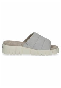 Infradito grigio chiaro con un'ampia fascia incrociata, realizzati in morbido suede e con una suola spessa e testurizzata di colore bianco sporco.
