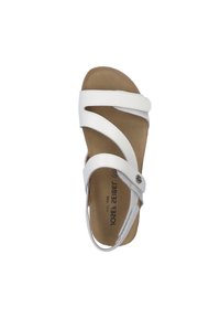 White sandal featuring three smooth straps with a buckle, a cushioned tan insole, and a curved design for comfort.
