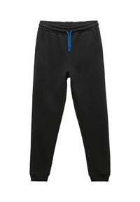 Sorte sweatpants lavet af blødt bomuldsblanding, med et elastisk taljeled og blå snøre, sidelommer og tapered ben.
