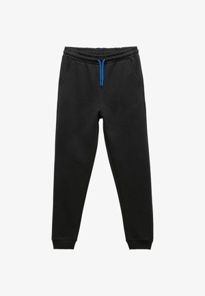 Pantalons de survêtement noirs en mélange de coton doux, dotés d'une taille élastique avec cordon de serrage bleu, de poches latérales et de jambes fuselées.