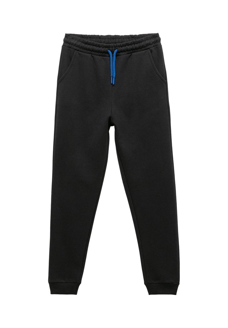 Sorte sweatpants lavet af blødt bomuldsblanding, med et elastisk taljeled og blå snøre, sidelommer og tapered ben.