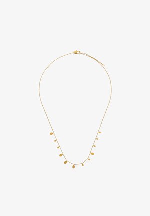 Złoty naszyjnik łańcuszkowy z małymi, kroplowymi akcentami wzdłuż długości. Gładka tekstura z zapięciem.