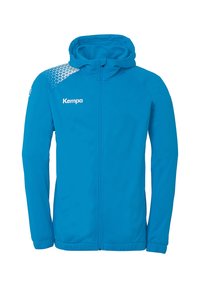 Blue athletic jacket with a hood, featuring a zip front, long sleeves, and a geometric pattern on the shoulder. Logo on the chest.