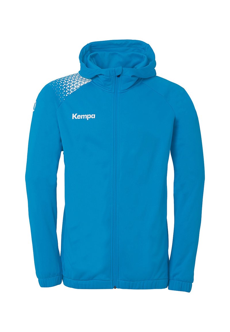 Blue athletic jacket with a hood, featuring a zip front, long sleeves, and a geometric pattern on the shoulder. Logo on the chest.