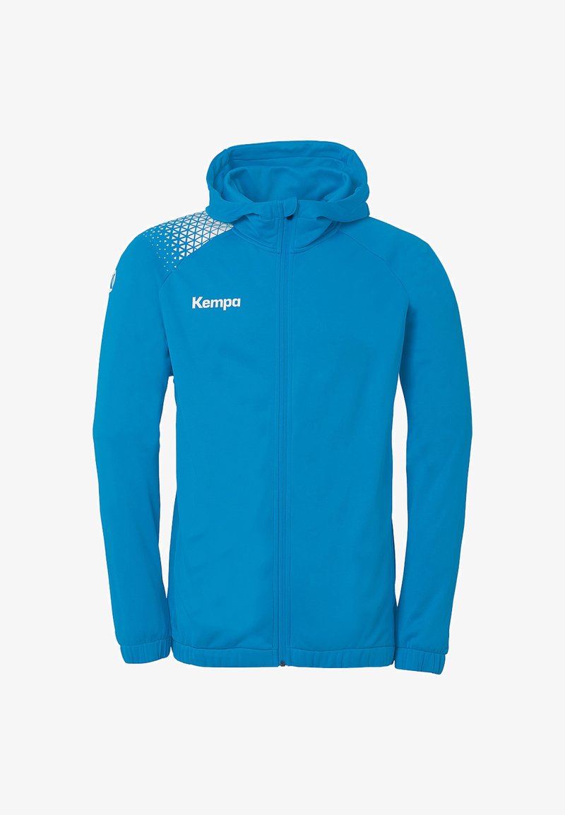Blue athletic jacket with a hood, featuring a zip front, long sleeves, and a geometric pattern on the shoulder. Logo on the chest.
