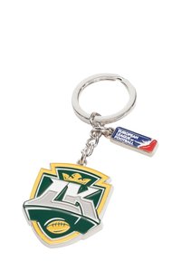 Schlüsselanhänger mit einem grünen und gelben Schilddesign mit einer Krone, akzentuiert durch die Buchstaben "LK" und ein kleines Etikett mit der Aufschrift "European League of Football."