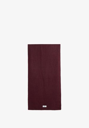 Burgundy wool scarf, rectangular shape, smooth texture, finished edges, with a small label at the bottom for brand identification.