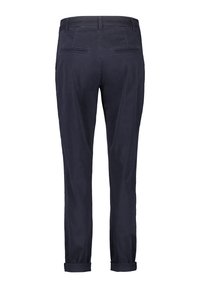 Navy blue cotton trousers with rolled cuffs, featuring two back pockets and a flat waistband. Smooth texture with a tailored design.