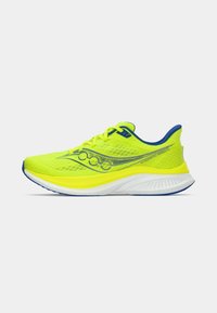 Neon yellow running shoe with a breathable mesh upper, blue accents on the collar and laces, and a cushioned white midsole.