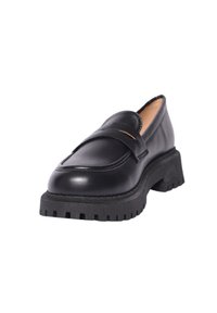 Mocassino in pelle nera con punta arrotondata, dotato di una fascia sulla parte anteriore, suola in gomma nera texturizzata e tacco leggero.