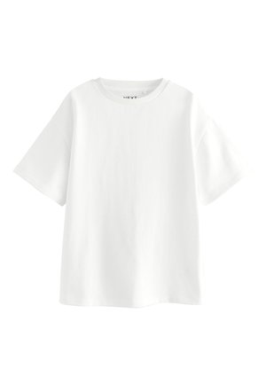 Schlichtes weißes T-Shirt mit kurzen Ärmeln, Rundhalsausschnitt und lockerem Schnitt, präsentiert vor weißem Hintergrund.