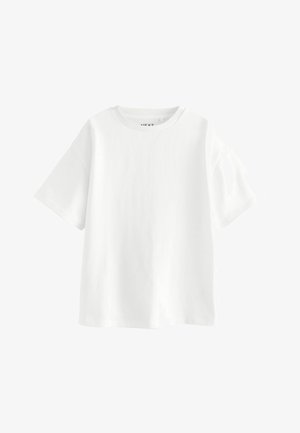 T-shirt blanc uni à manches courtes avec un col rond et une coupe décontractée, présenté sur un fond blanc.