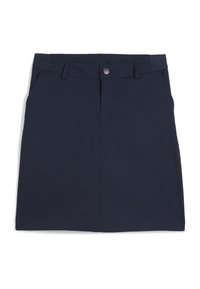 Γυναικεία φούστα σε ναυτικό μπλε χρώμα με κουμπιά στο μπροστινό μέρος και κλείσιμο με φερμουάρ, θηλιές για ζώνη και πλαϊνές τσέπες, απλωμένη επίπεδα σε λευκό φόντο.