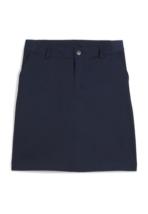 Marineblå skjørt til kvinner med knapp- og glidelåslukking foran, beltehemper og sidelommer, vist flatt på hvit bakgrunn.