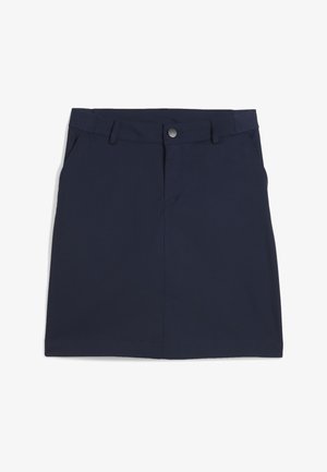 Marineblå skjørt til kvinner med knapp- og glidelåslukking foran, beltehemper og sidelommer, vist flatt på hvit bakgrunn.