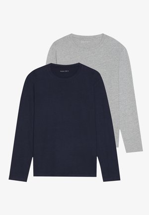 Two long-sleeve t-shirts: one navy blue and one light gray. Cotton material with round necklines and straight hems. Simple design, no patterns.