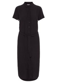 Black shirt dress made of a lightweight fabric, featuring a collar, short sleeves, button front, and a tied waist belt; knee-length design.