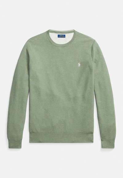 Green crew-neck sweater made of textured fabric. Features ribbed cuffs and hem, with a small logo on the chest. Simple design and fit.