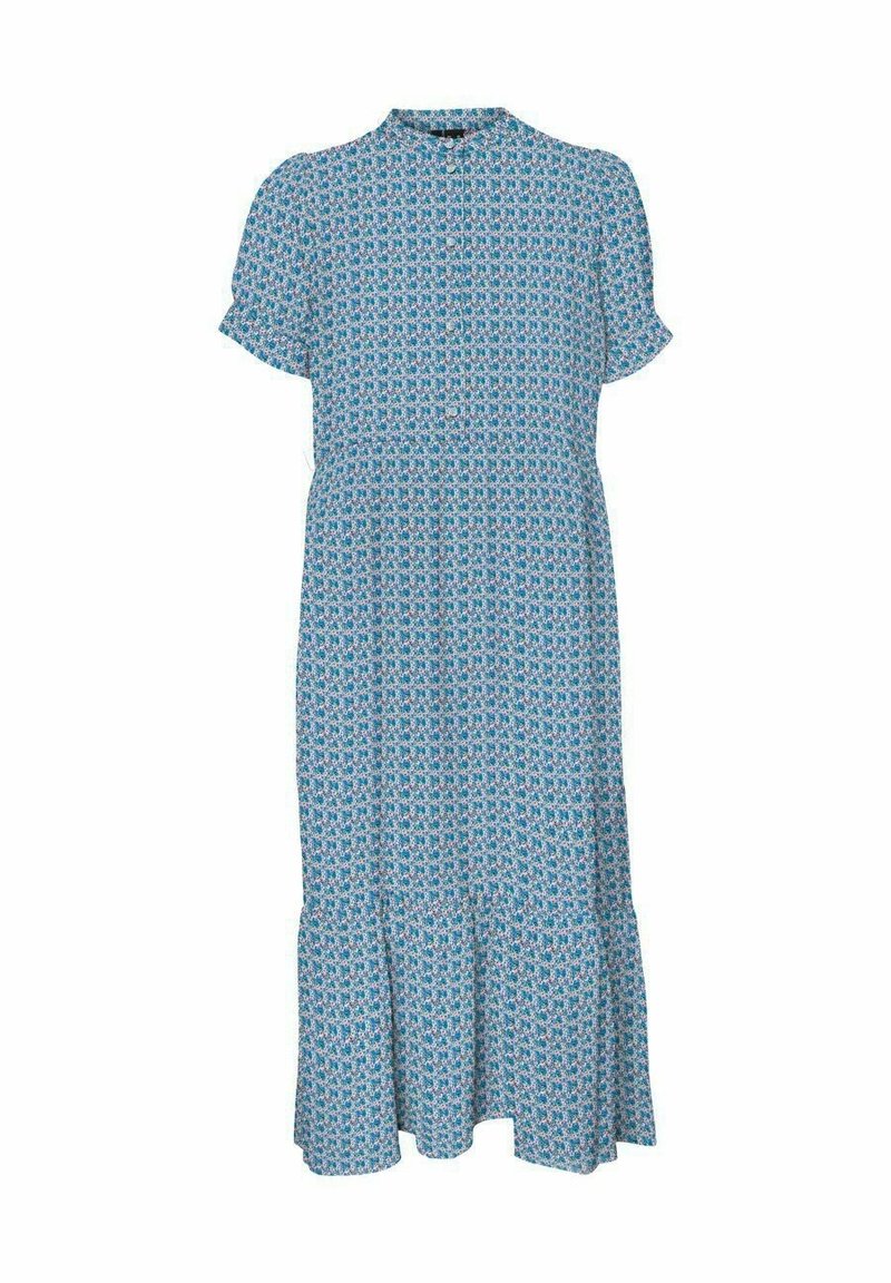 Robe bleu clair à manches courtes avec un motif floral, un col montant et un ourlet à volants en plusieurs niveaux. Fabriquée dans un tissu doux et respirant.