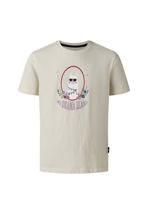 Jasnobeżowy t-shirt z krótkim rękawem z kreskówkową lamą noszącą okulary przeciwsłoneczne w kształcie serca, otoczoną kwiatami i tekstem "No Drama Llama" z przodu.