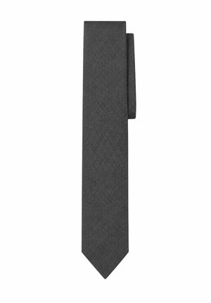 Cravatta da uomo di colore grigio scuro con trama, con punta larga standard, piegata ordinatamente su sfondo bianco.
