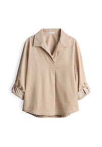 Beige button-up blouse with a collar, rolled-up sleeves, and a relaxed fit. Made from lightweight fabric with smooth texture and subtle sheen.