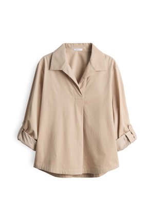 Blouse beige à boutons avec col, manches retroussées et coupe décontractée. Fabriquée en tissu léger avec une texture lisse et un subtil éclat.