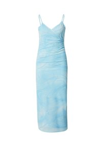 Himmelblaues, tailliertes Midikleid mit Spaghettiträgern; bietet ein marmoriertes Muster und eine geraffte Detailgebung an der Taille für eine schmal geschnittene Silhouette.