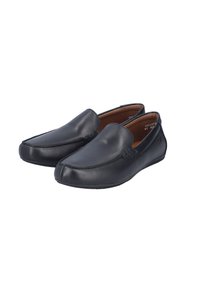 Schwarze Slipper aus glattem Leder mit abgerundeter Zehenpartie, genähten Akzenten und einer strukturierten Gummisohle für guten Halt.
