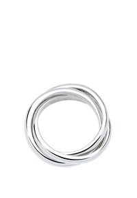 Sterling silverring som har tre sammanlänkade band, slät yta, rund form och polerad finish för reflekterande kvalitet.