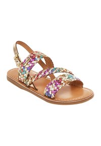 Tiras trenzadas multicolores en cuero dorado, rosa y azul, con una suela marrón y una hebilla ajustable para un ajuste seguro.
