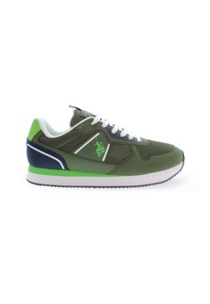 Grønne atletiske sneakers lavet af mesh og syntetiske materialer. Har hvide snørebånd, marineblå accenter og et logo i lysegrøn på siden.