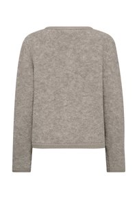 Grijze, lange mouwen trui van textuurstof. Heeft een ronde halslijn en een rechte zoom met een subtiele breidetail aan de onderkant.