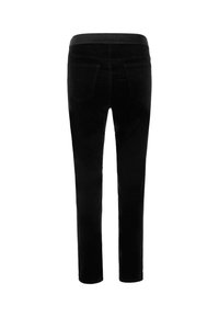 Schwarze, enganliegende Hose aus weichem Material, mit einem dehnbaren Bund und zwei Gesäßtaschen. Glatte Textur mit einem eleganten Design.