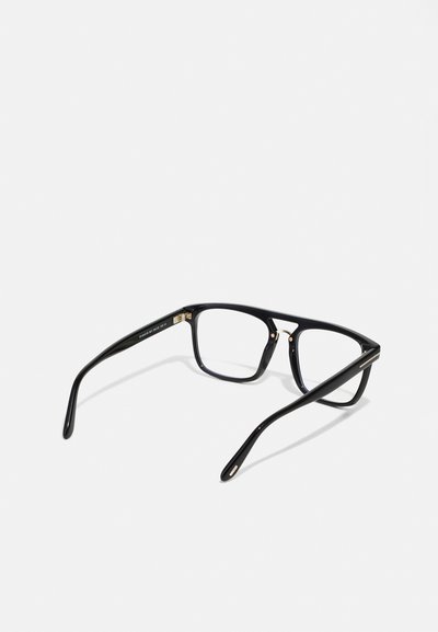 Óculos de armação rectangular pretos com acabamento brilhante, detalhes em metal nas hastes e um design clássico. Lentes transparentes.