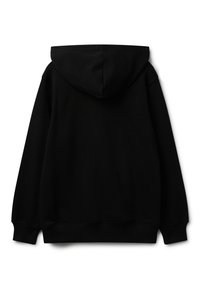 Černá mikina s dlouhým rukávem a žebrovanými manžetami a spodním lemem, zobrazena zezadu na bílém pozadí.