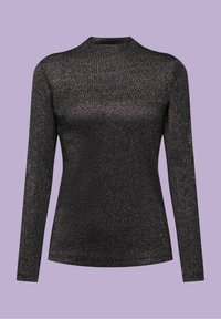 Top noir à manches longues avec un col montant, présentant un éclat métallique et un tissu texturé, parfaitement ajusté sur tout le corps.