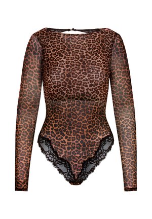 Transparante body met lange mouwen en luipaardprint, hoge halslijn en zwarte kanten afwerking bij de beenopeningen.